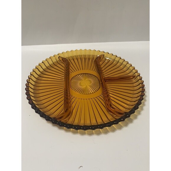 Old Indiana Colony Glass Amber Ribbed 4 Section Divided 10" Serving Plate Tray - Picture 2 of 5